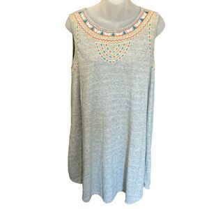 Ya Los Angeles Midi Dress Round Neck Sleeveless Grey Geo Embroidery Large